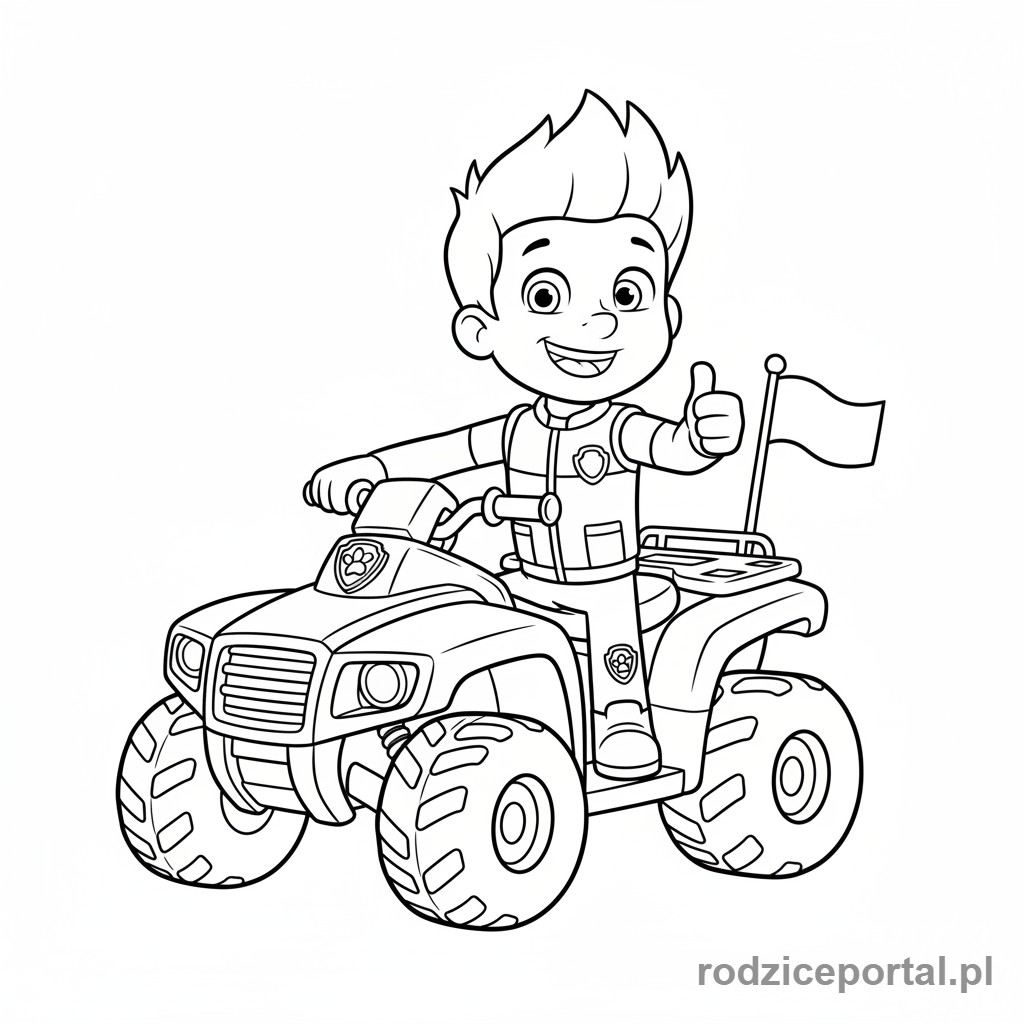 Kolorowanka Psi Patrol - Ryder, chłopiec, stoi obok swojego quada.