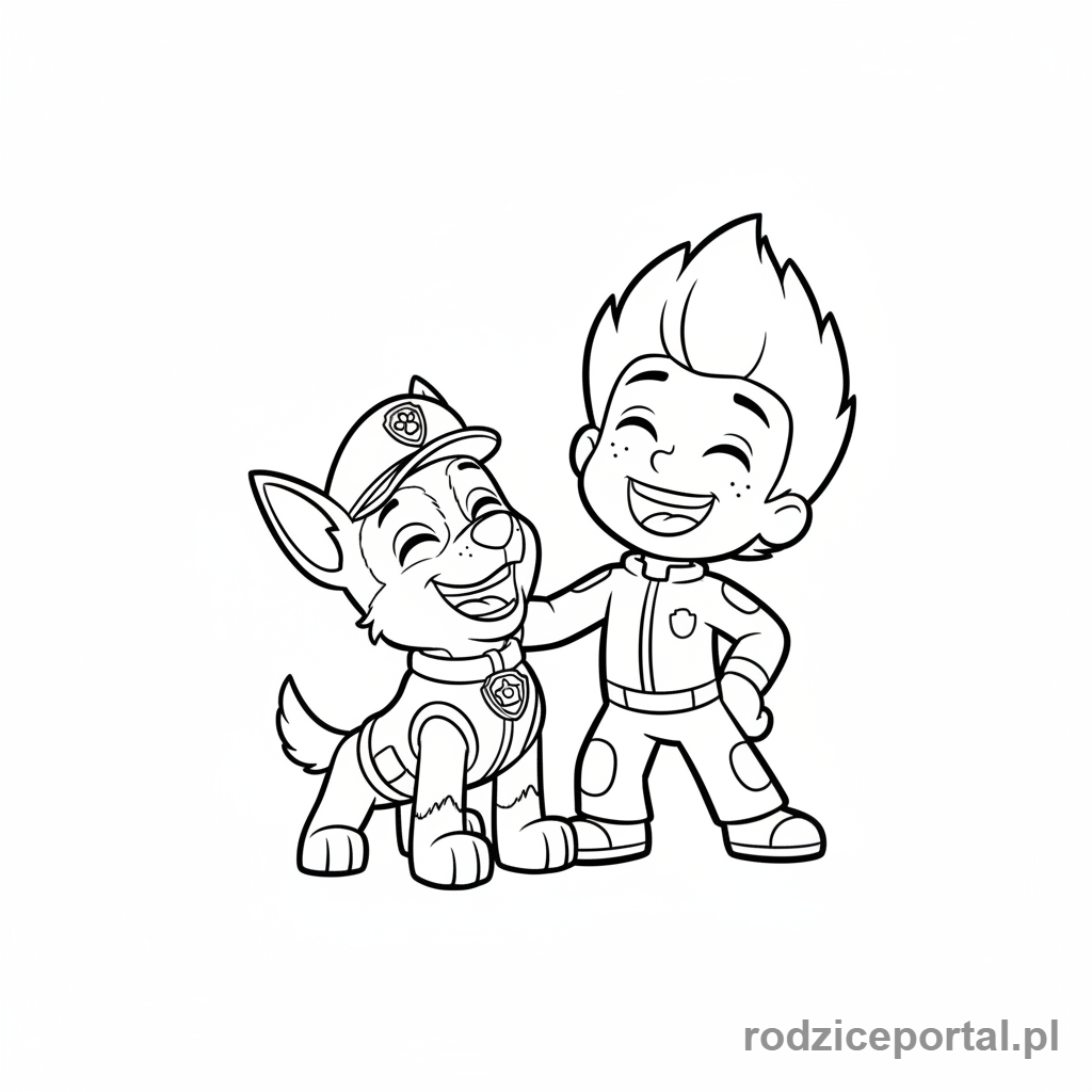 Kolorowanka Psi Patrol - Ryder i Chase śmieją się razem.