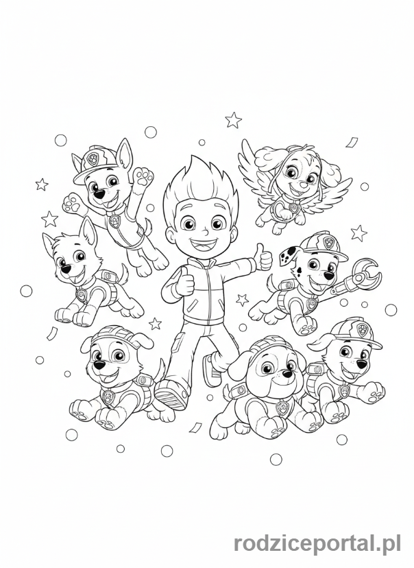Kolorowanka Psi Patrol - Ryder i szczeniaki świętujący sukces misji