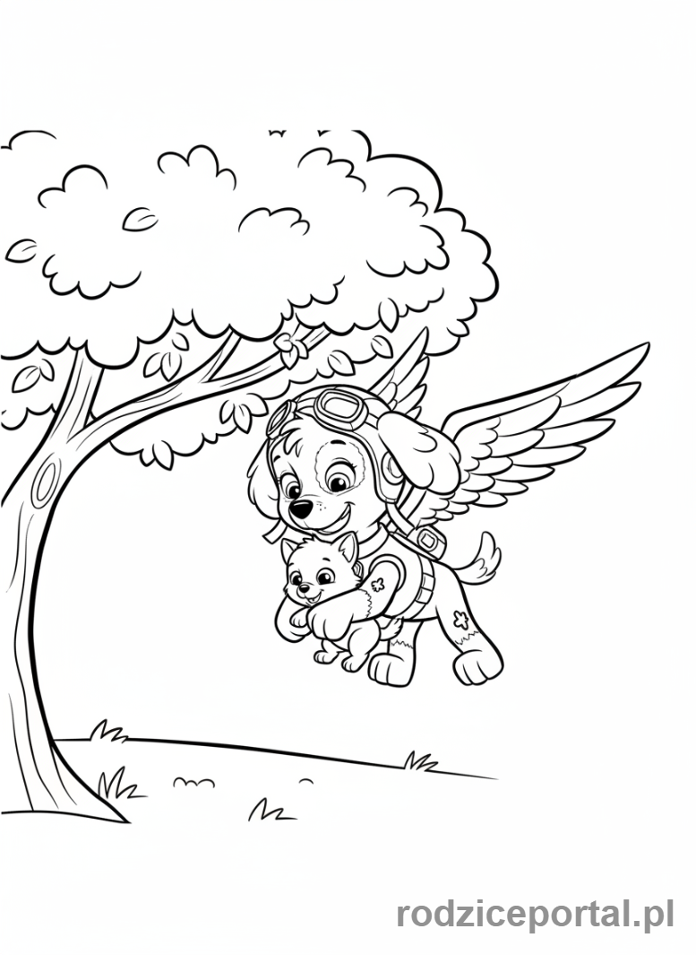 Kolorowanka Psi Patrol - Skye ratująca kotka z drzewa