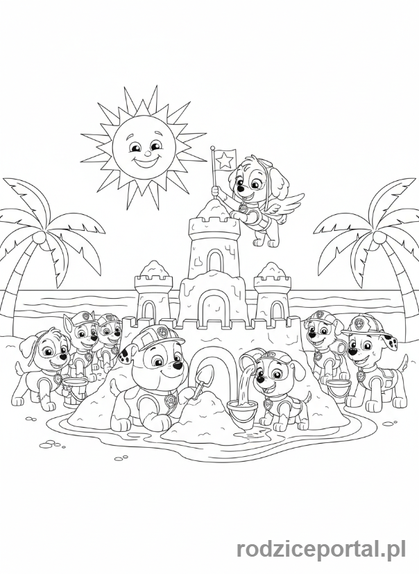 Kolorowanka Psi Patrol - Szczeniaki na plaży, budujące zamek z piasku