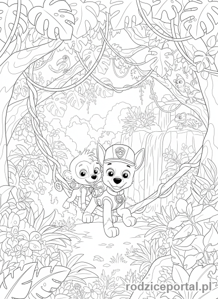 Kolorowanka Psi Patrol - Tracker i małpka Mandy w dżungli