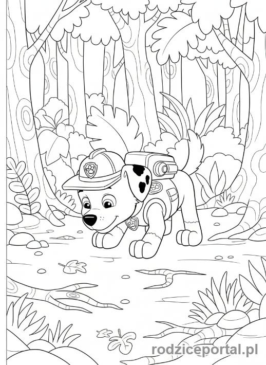 Kolorowanka Psi Patrol - Tracker szukający śladów w lesie