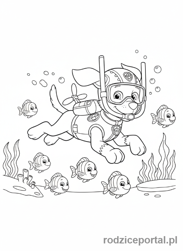 Kolorowanka Psi Patrol - Zuma pływająca pod wodą