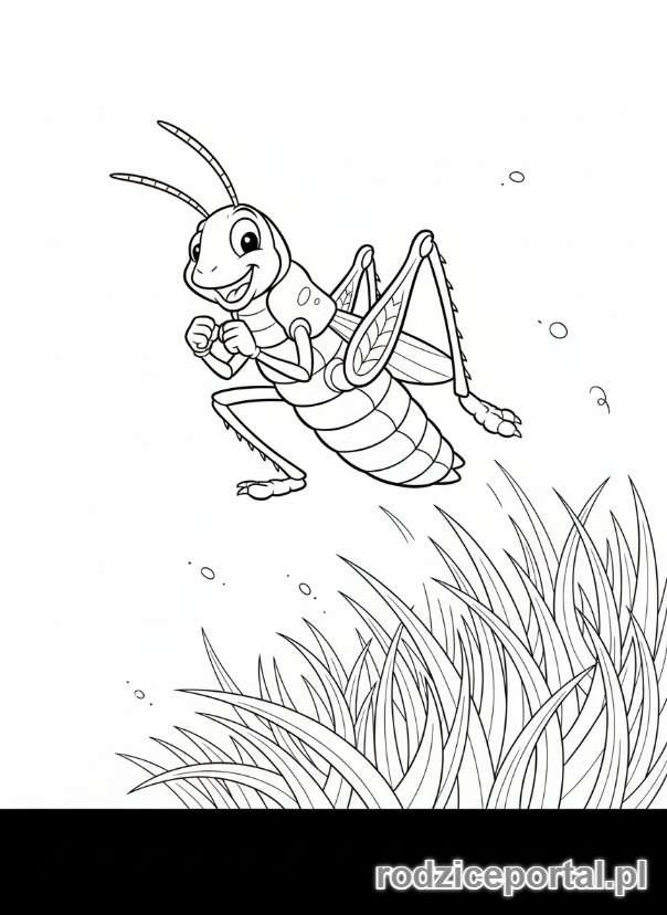 Kolorowanka Pszczółka Maja - Konik polny Flip skaczący przez trawę.