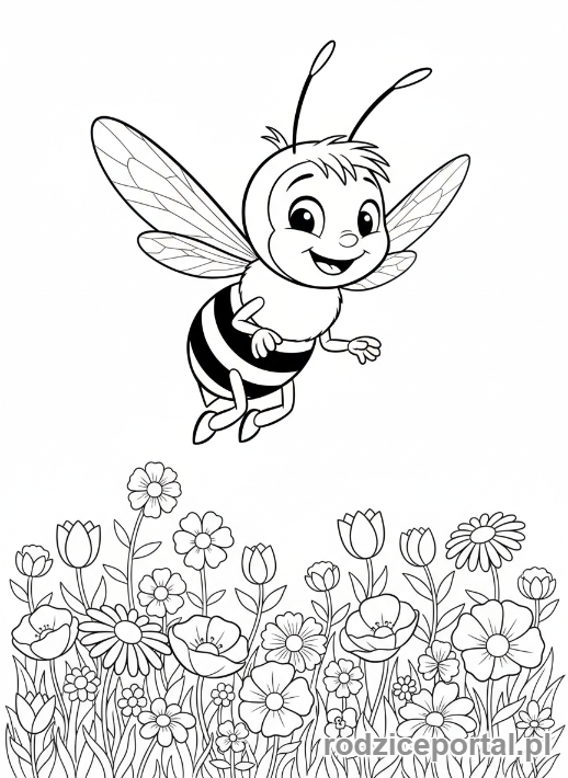 Kolorowanka Pszczółka Maja - Pszczółka Maja latająca nad łąką.