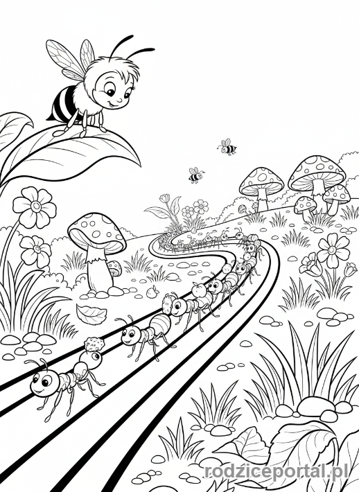 Kolorowanka Pszczółka Maja - Pszczółka Maja obserwująca mrówki pracujące.