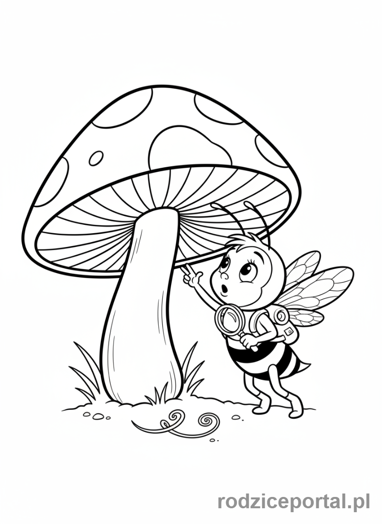Kolorowanka Pszczółka Maja - Pszczółka Maja odkrywająca muchomora.
