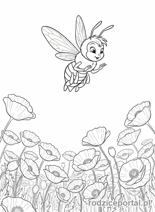 Kolorowanka Pszczółka Maja - Pszczółka Maja przelatująca przez pole maków.