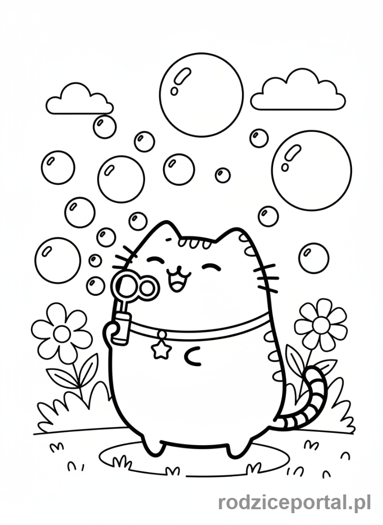 Kolorowanka Pusheen - Pusheen bawiąca się bańkami mydlanymi