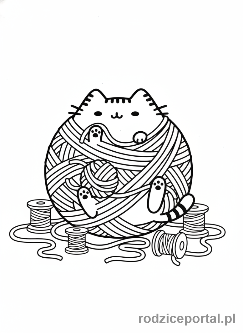 Kolorowanka Pusheen - Pusheen bawiąca się kłębkiem włóczki