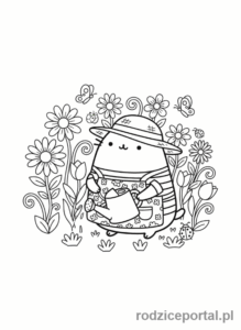 Kolorowanka Pusheen - Pusheen jako ogrodnik z konewką