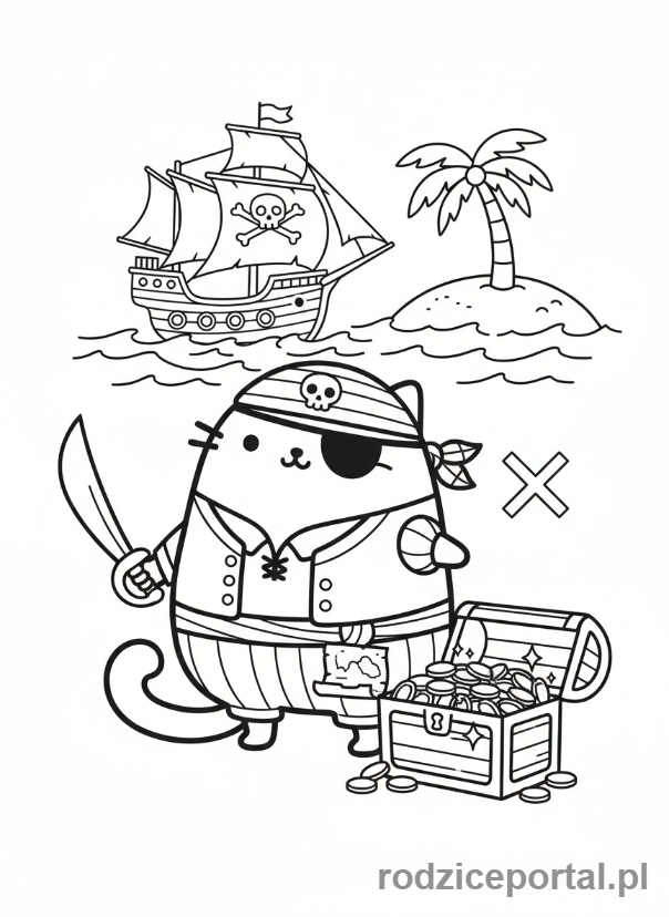 Kolorowanka Pusheen - Pusheen jako pirat z opaską na oku