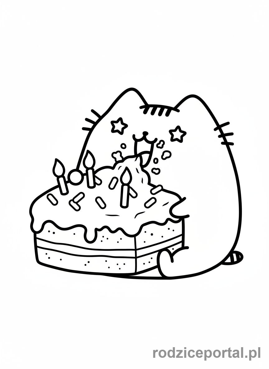 Kolorowanka Pusheen - Pusheen jedząca duży kawałek tortu