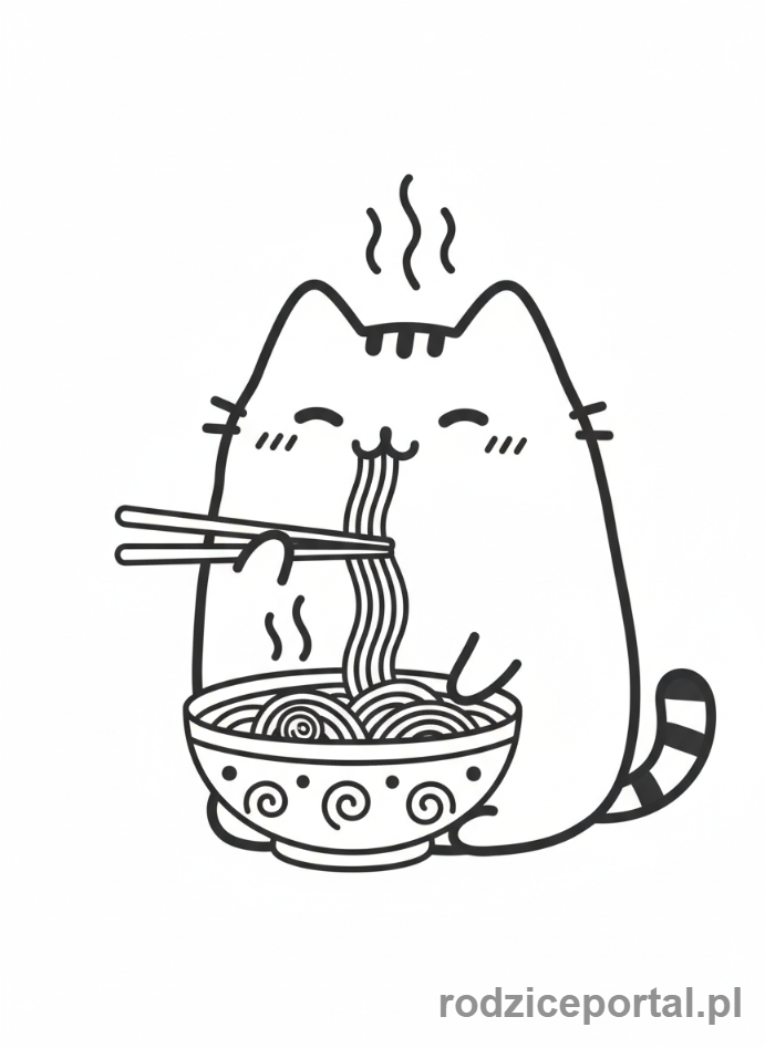 Kolorowanka Pusheen - Pusheen jedząca makaron ramen