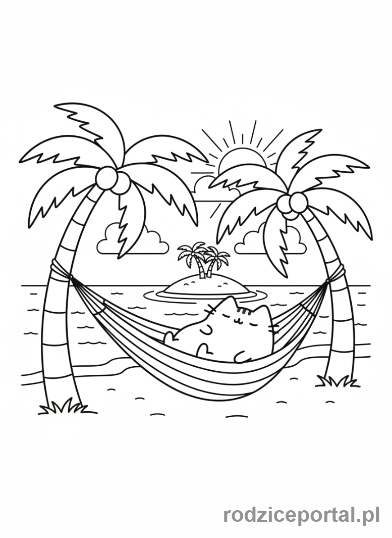 Kolorowanka Pusheen - Pusheen na hamaku pod palmami