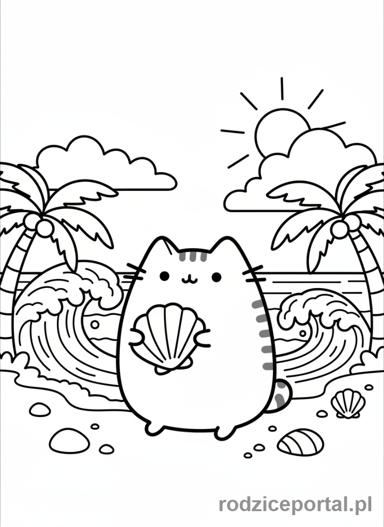 Kolorowanka Pusheen - Pusheen na plaży z muszlą