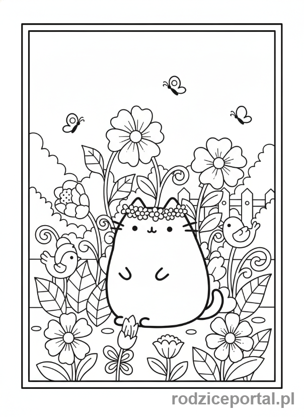 Kolorowanka Pusheen - Pusheen w ogrodzie z kwiatami