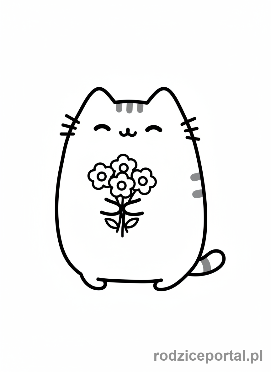 Kolorowanka Pusheen - Pusheen z bukietem kwiatów