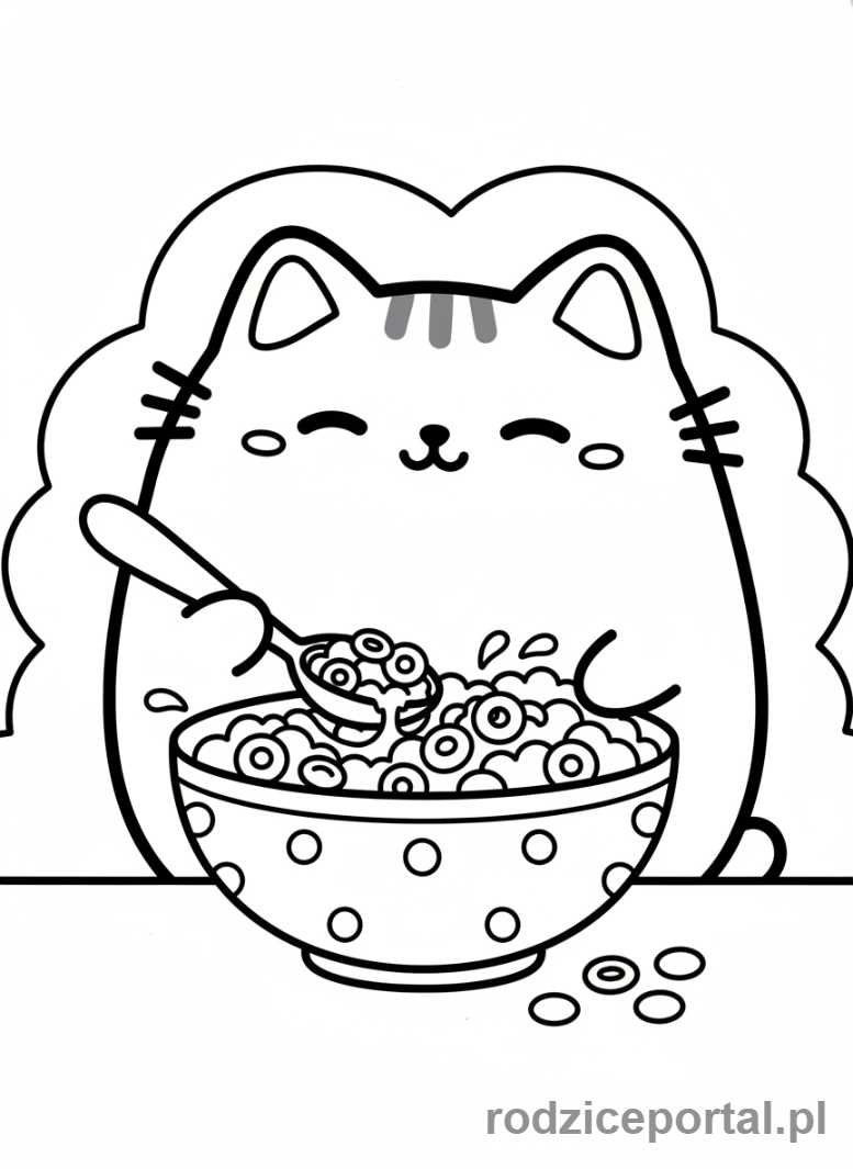 Kolorowanka Pusheen - Pusheen z dużą miską płatków śniadaniowych