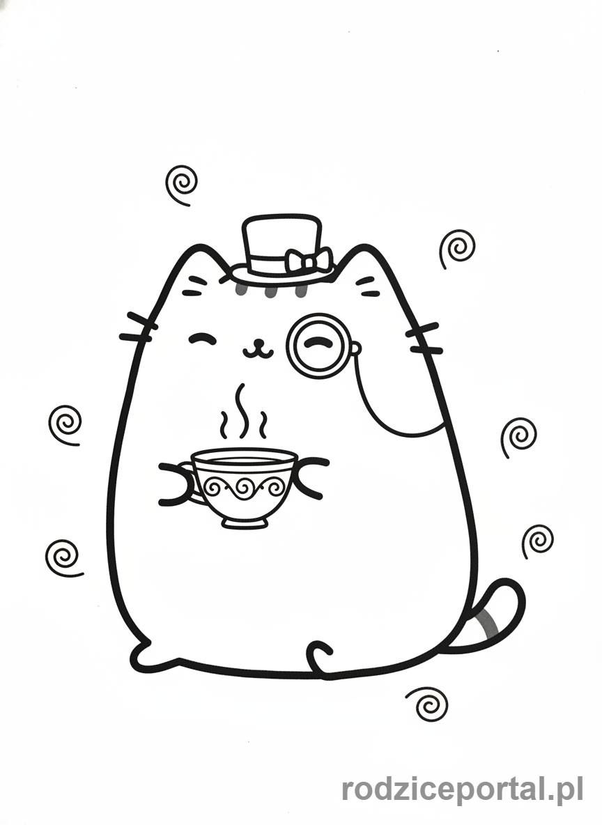 Kolorowanka Pusheen - Pusheen z filiżanką herbaty
