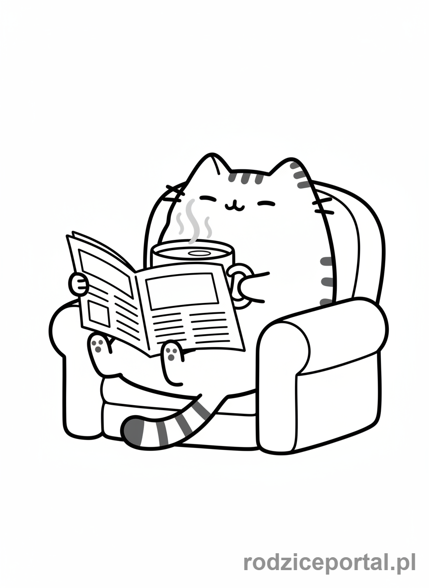 Kolorowanka Pusheen - Pusheen z filiżanką kawy i gazetą