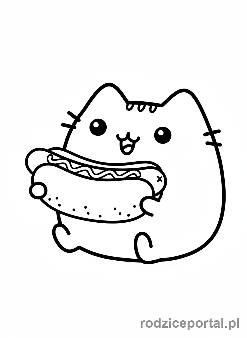 Kolorowanka Pusheen - Pusheen z hot dogiem w bułce