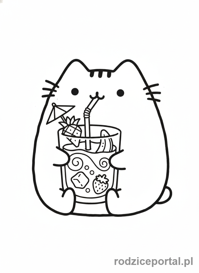 Kolorowanka Pusheen - Pusheen z koktajlem owocowym