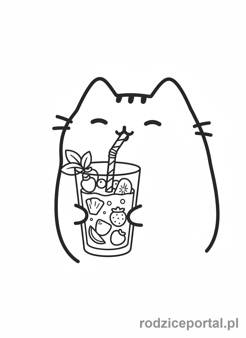 Kolorowanka Pusheen - Pusheen z koktajlem owocowym
