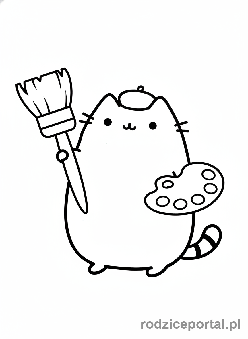 Kolorowanka Pusheen - Pusheen z pędzlem i farbami
