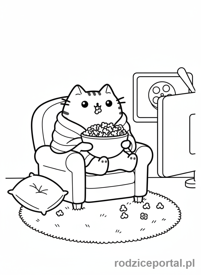 Kolorowanka Pusheen - Pusheen z popcornem oglądająca film