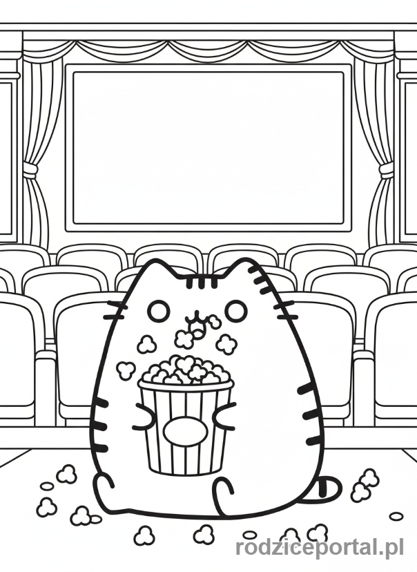 Kolorowanka Pusheen - Pusheen z popcornem w kinie