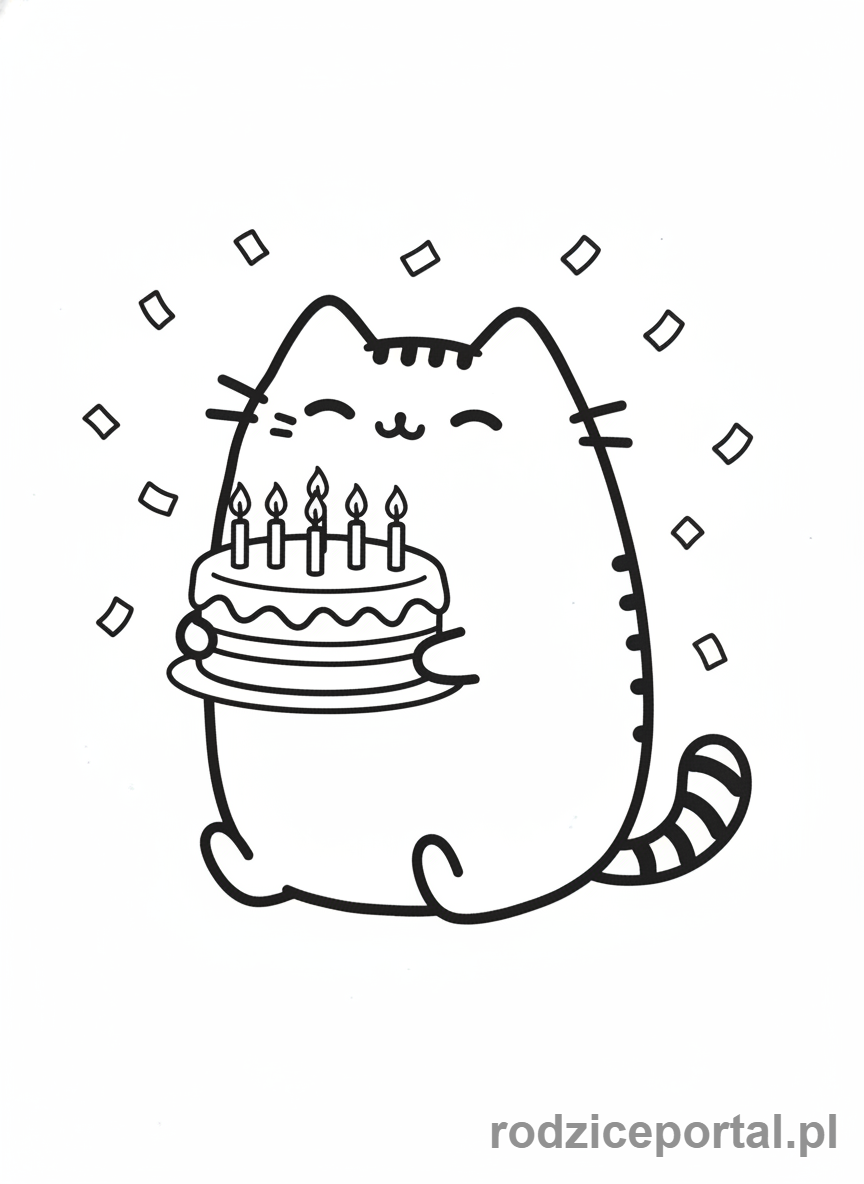 Kolorowanka Pusheen - Pusheen z urodzinowym tortem