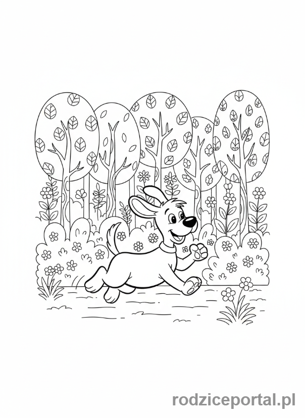 Kolorowanka Reksio - Reksio biegnący po lesie