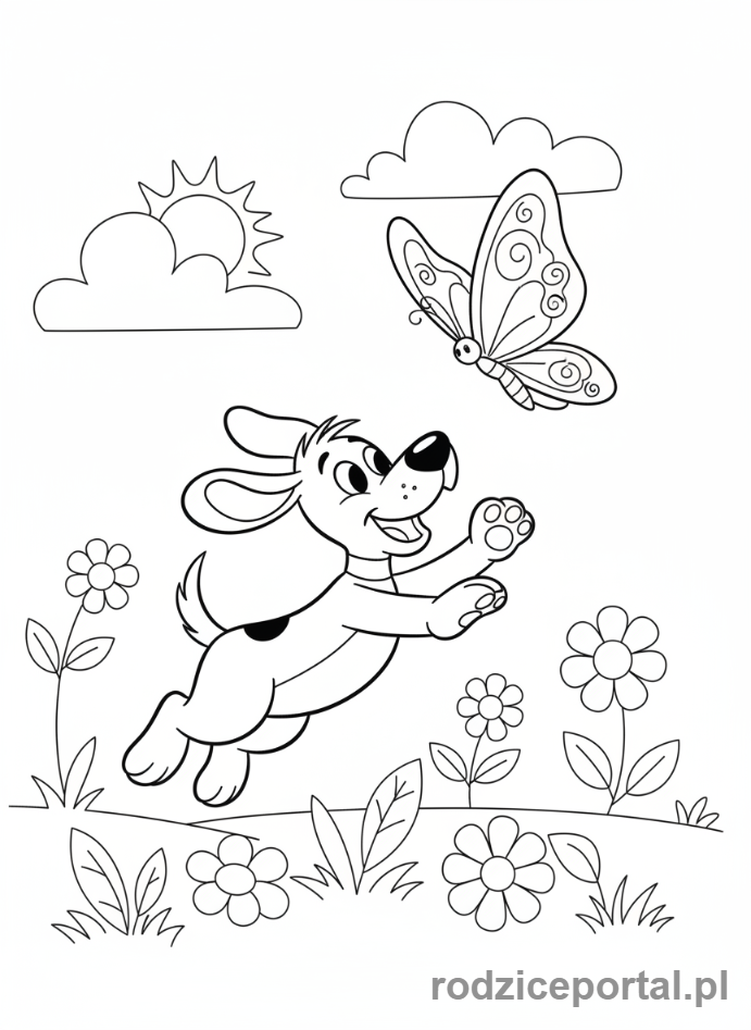 Kolorowanka Reksio - Reksio goniący motyla
