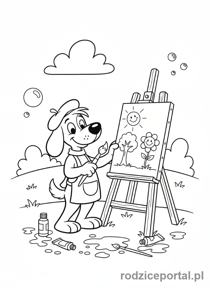 Kolorowanka Reksio - Reksio malujący obraz