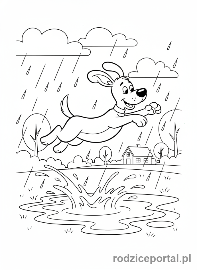 Kolorowanka Reksio - Reksio skaczący przez kałużę