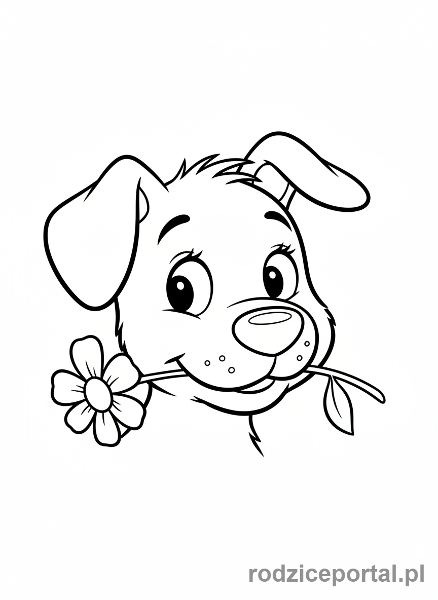 Kolorowanka Reksio - Reksio z kwiatem w pysku