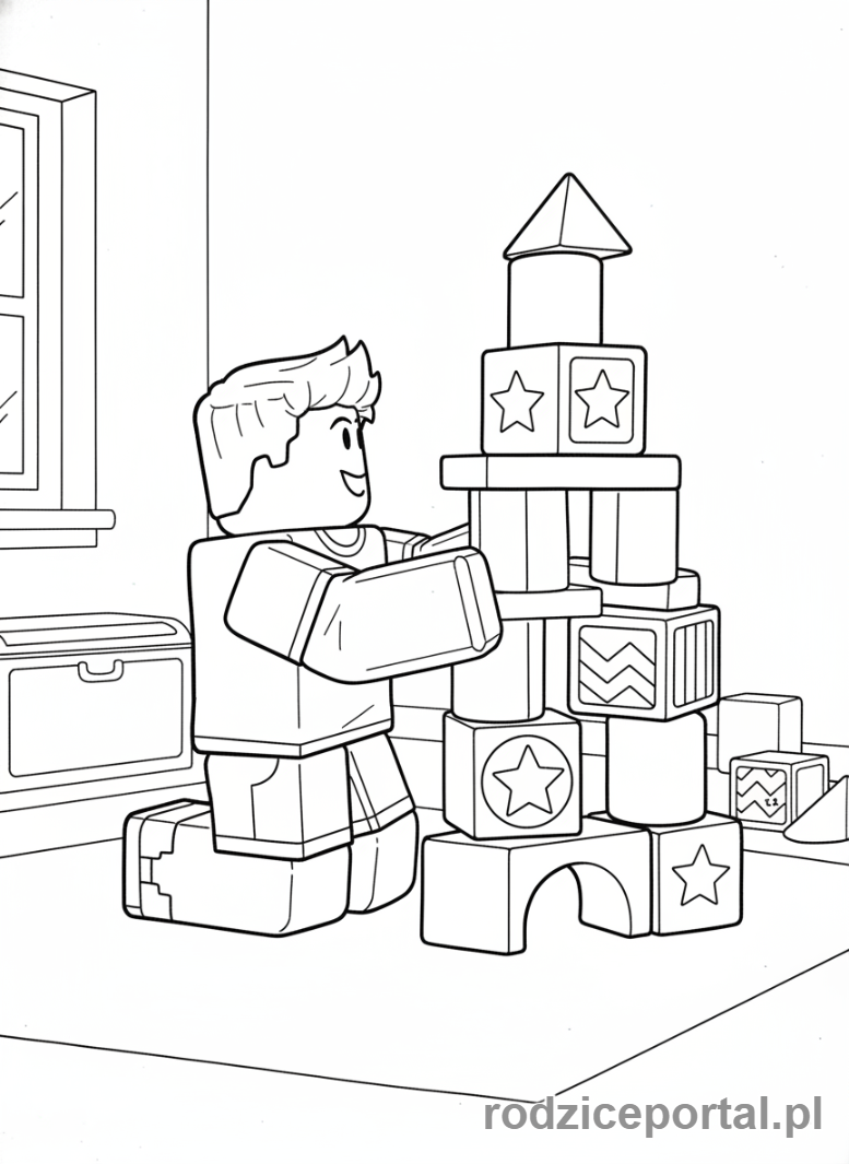 Kolorowanka Roblox - Postać Roblox budująca wieżę z klocków
