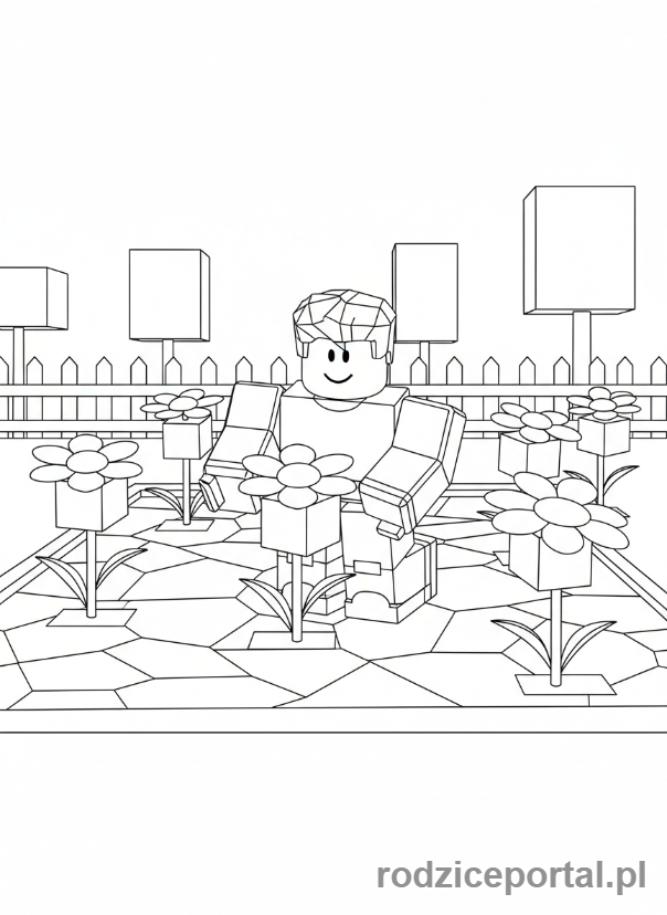 Kolorowanka Roblox - Postać Roblox sadząca kwiaty