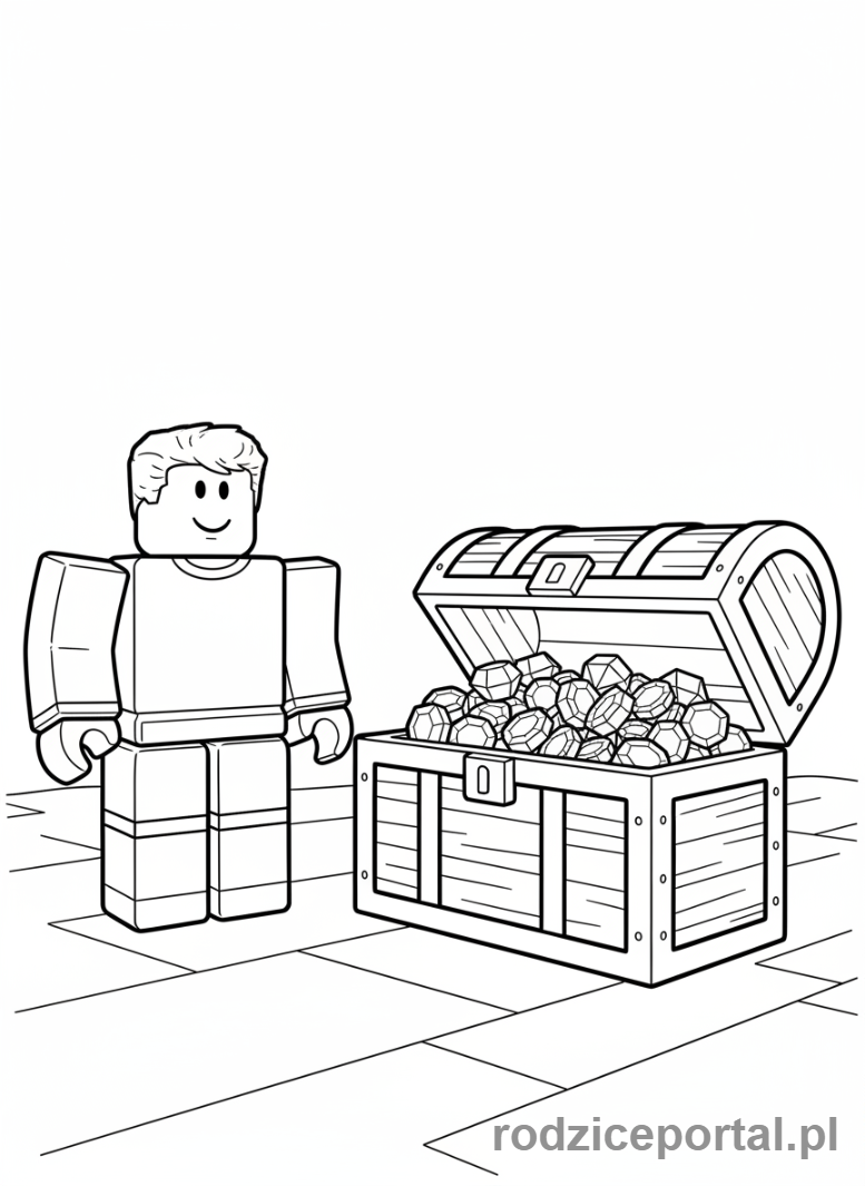 Kolorowanka Roblox - Postać Roblox ze skrzynią skarbów