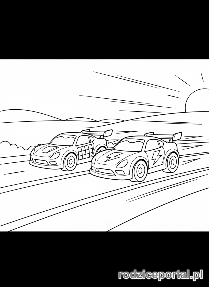 Kolorowanka Samochody Wyścigowe - Dwa samochody wyścigowe ścigające się.