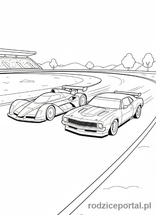 Kolorowanka Samochody Wyścigowe - Dwa samochody wyścigowe ścigające się obok siebie
