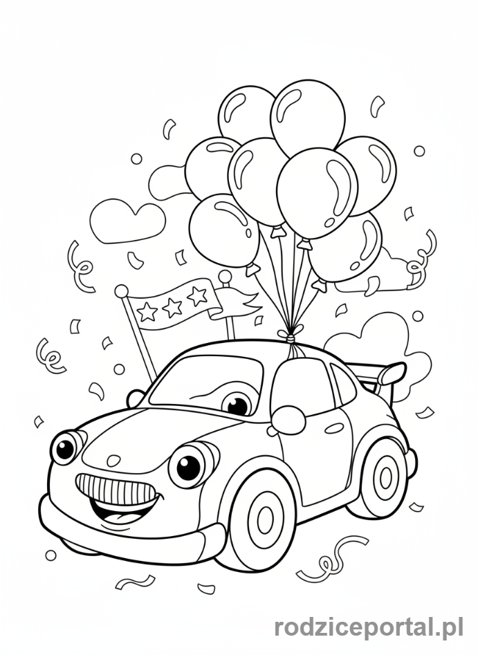 Kolorowanka Samochody Wyścigowe - Dziecięcy samochód wyścigowy z balonami.