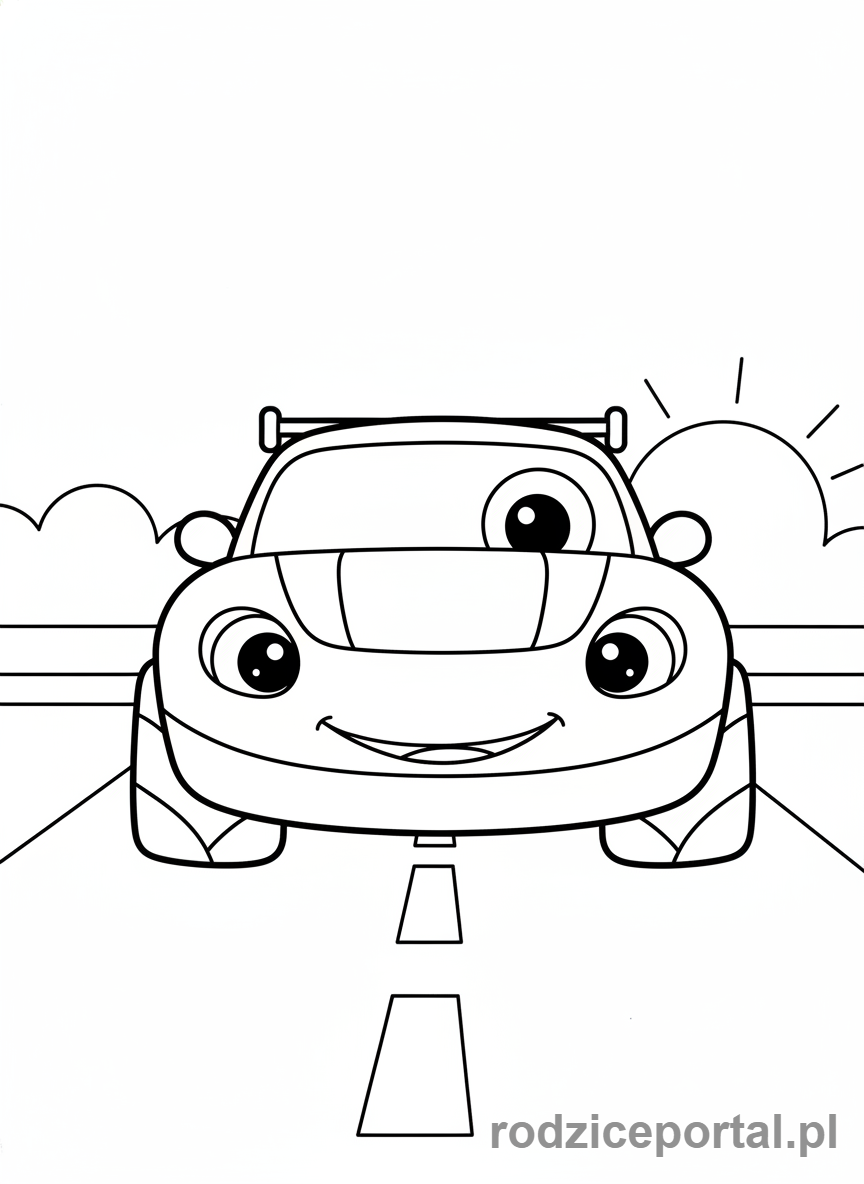 Kolorowanka Samochody Wyścigowe - Dziecięcy samochód wyścigowy z dużymi oczami.