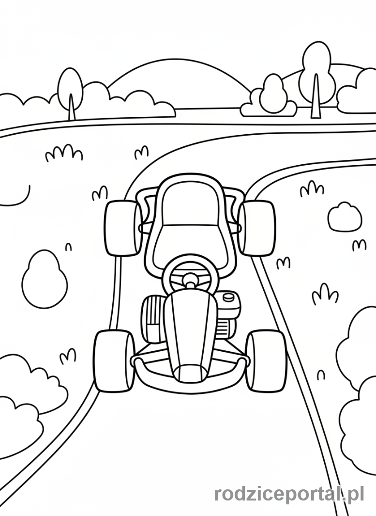 Kolorowanka Samochody Wyścigowe - Gokart z lotu ptaka.