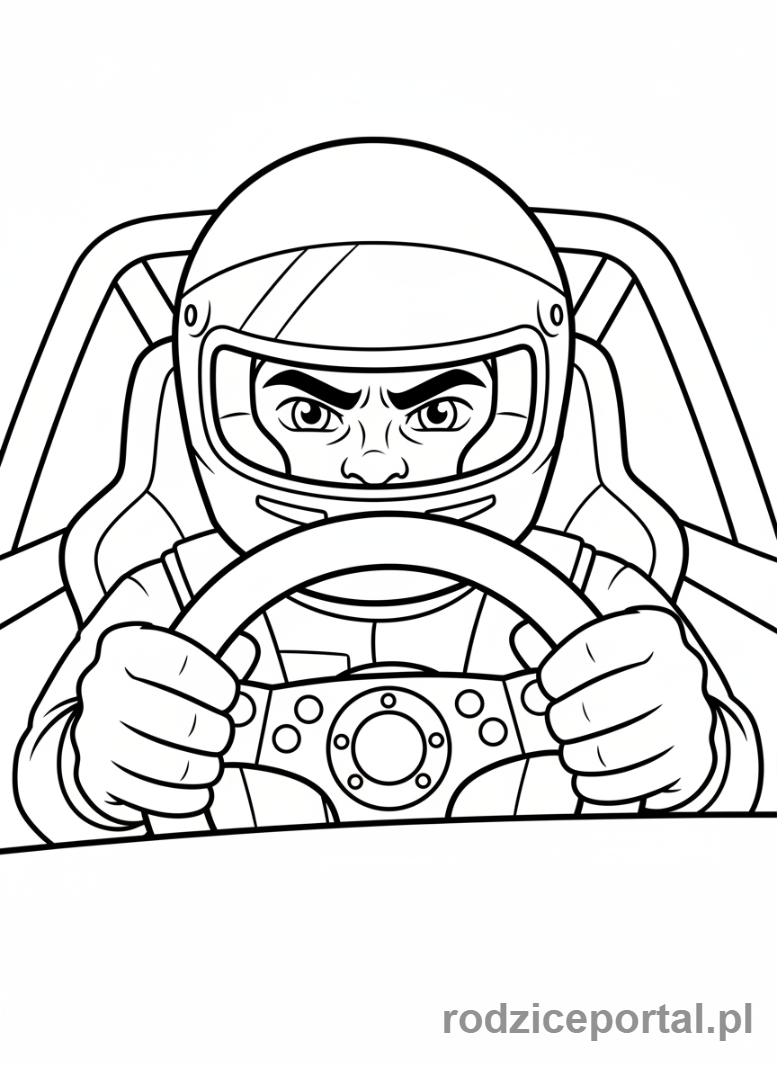 Kolorowanka Samochody Wyścigowe - Kierowca rajdowy w kasku za kierownicą