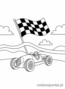 Kolorowanka Samochody Wyścigowe - Klasyczny bolid wyścigowy na mecie.