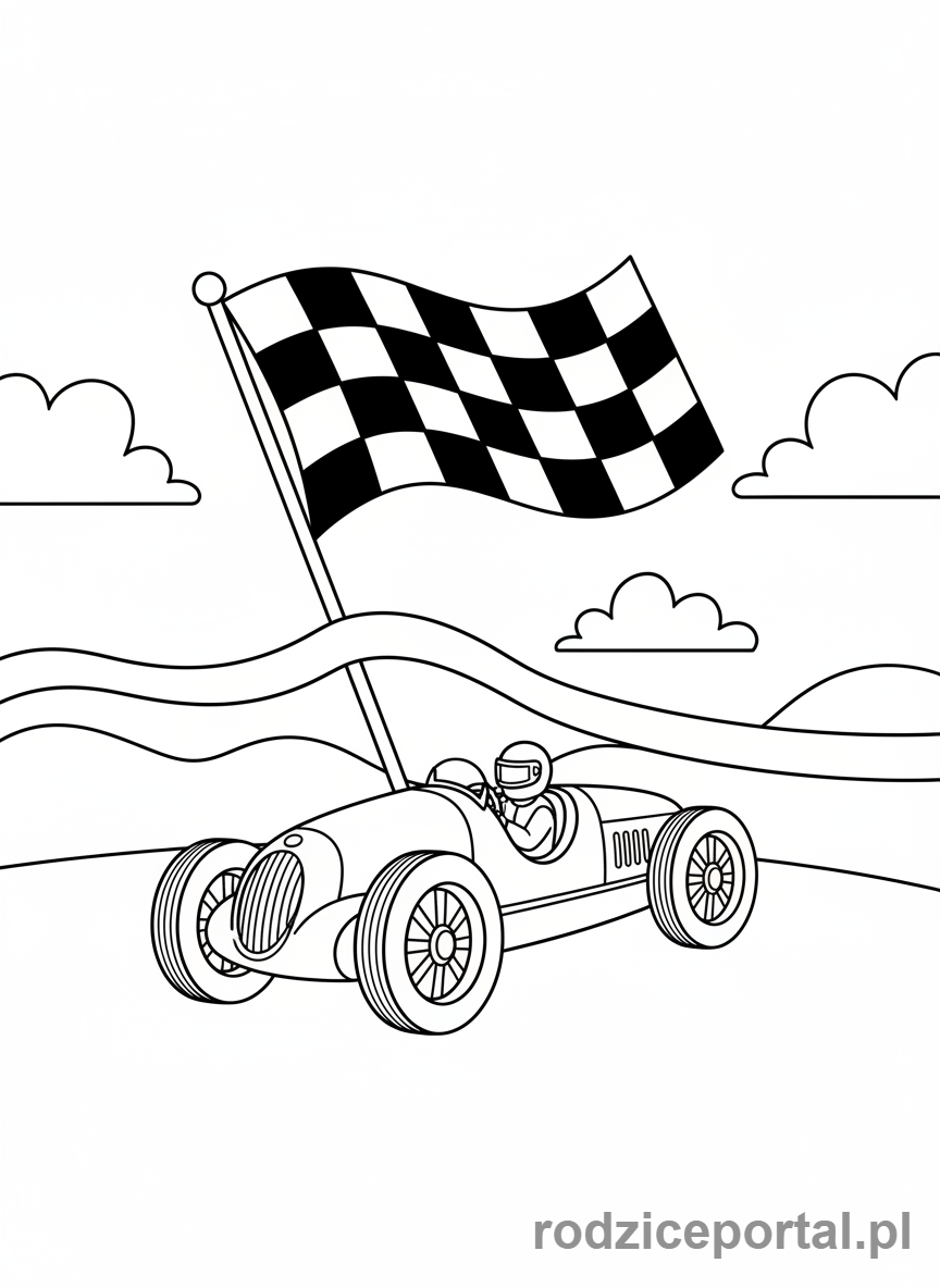 Kolorowanka Samochody Wyścigowe - Klasyczny bolid wyścigowy na mecie.