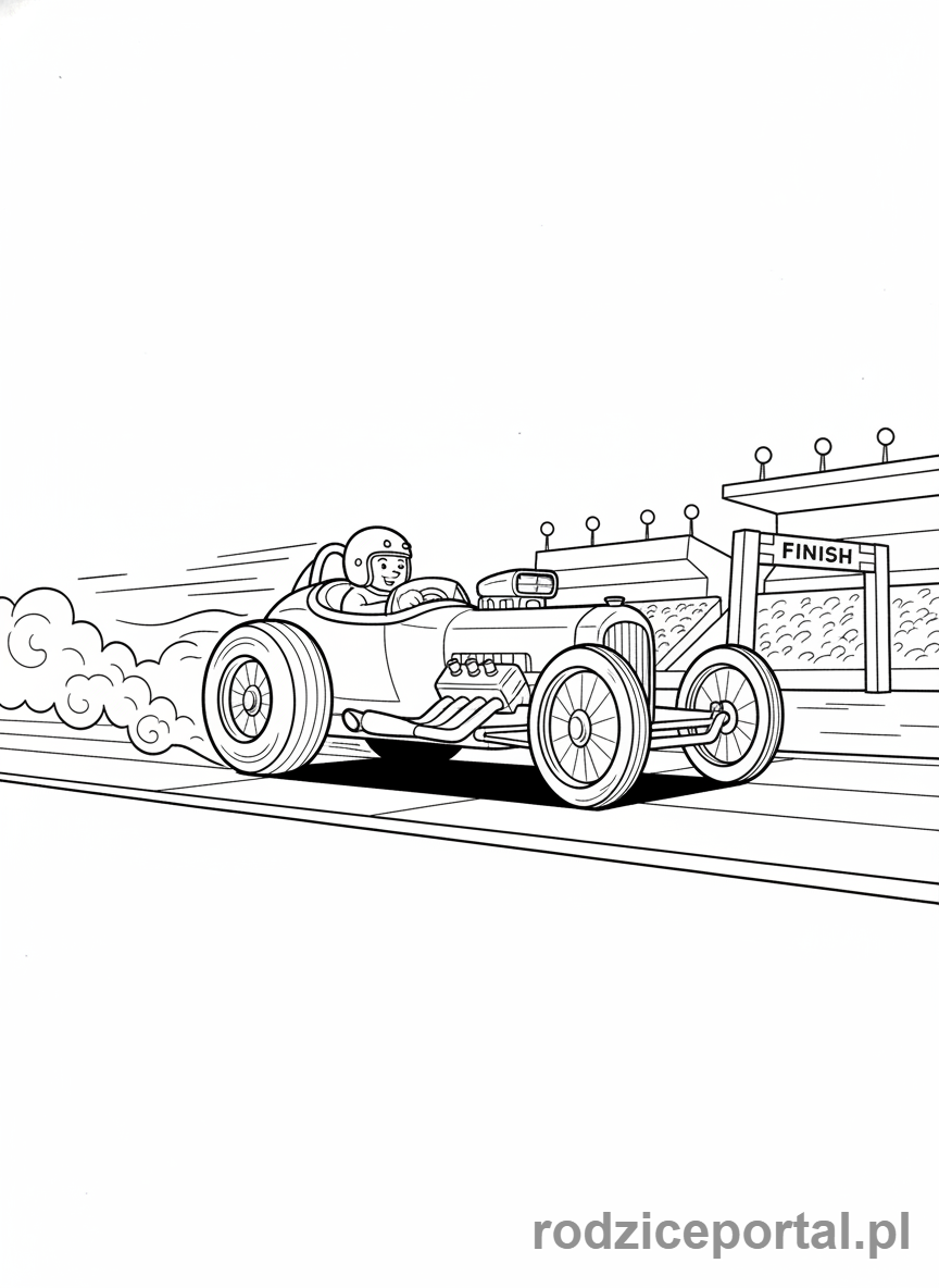 Kolorowanka Samochody Wyścigowe - Klasyczny dragster na pasie startowym.
